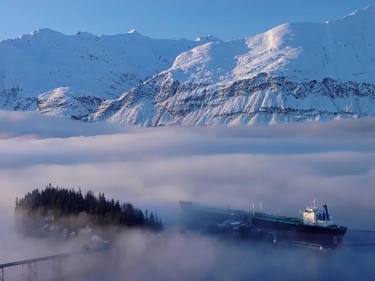 A tanker near Valdez, Alaska, swathed in mist.