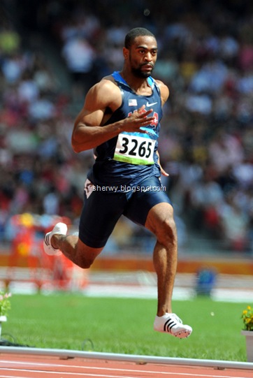 Aug 15, 2008; Beijing,CHINA; Tyson Gay (USA) wins first-round heat of 100m in 10.22 in the 2008 Olympics athletics competition at National Stadium. 