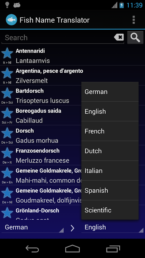 Android application Fish Name Translator Offline screenshort