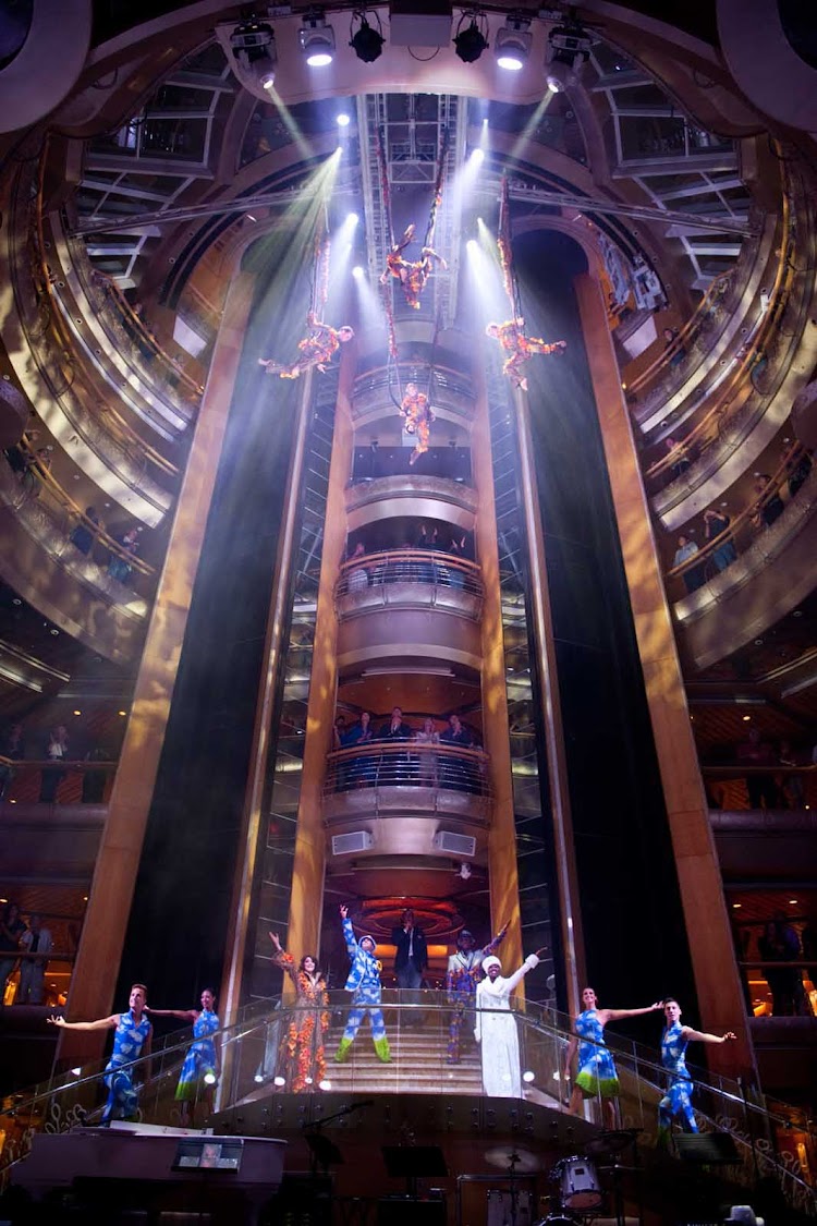 A dazzling aerial show at Grandeur of the Seas' seven-deck-high Centrum.