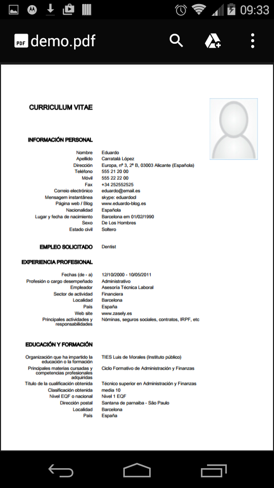 Android application Curriculum vitae europeu PREMI screenshort
