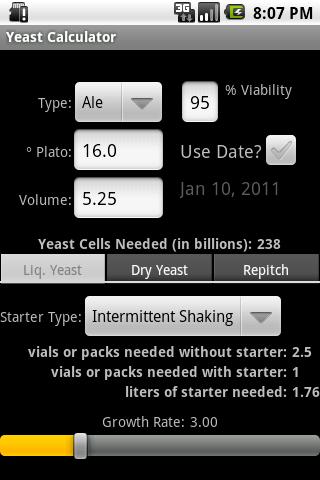 Mr Malty Yeast Calculator Screen 1