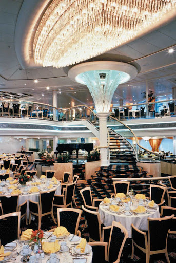 The two-level Aquarius, Vision of the Seas' main dining room, serves multi-course breakfasts, lunches and dinners.