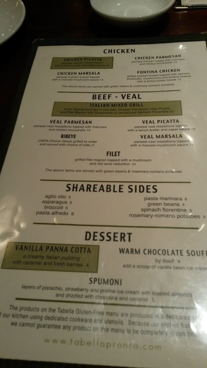 GF menu (back) at Tabella - Photo from Tabella Italian Restaurant