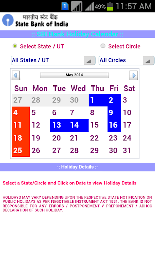 SBI Bank Holiday Calendar