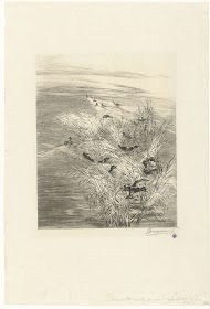 Landschap met eenden of talingen in water tussen riet