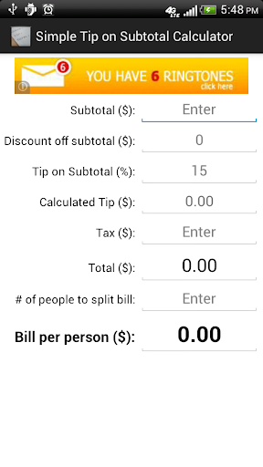 Tip on Subtotal Calculator