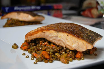 Pan Seared Salmon w/ French Green Lentils
