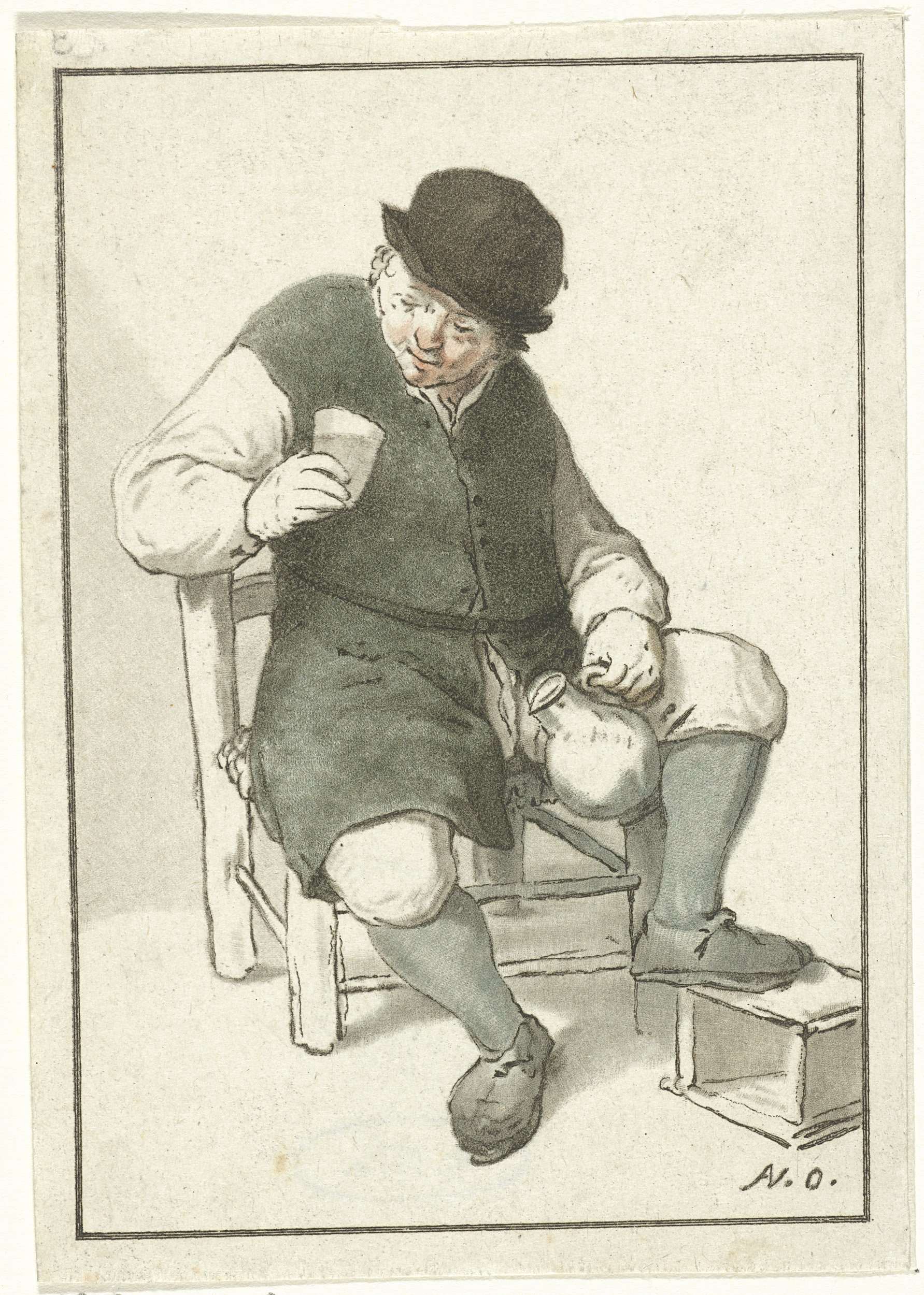 Zittende boer met kruik