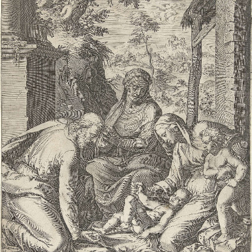 Heilige Familie met Anna en Johannes de Doper als kind, Cornelis Cort ...
