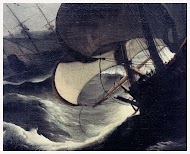 De oorlogsschepen 'Ridderschap' (rechts) en 'Hollandia'  (links) aan lager wal tijdens de storm in de Straat van Gibraltar - maart 1694