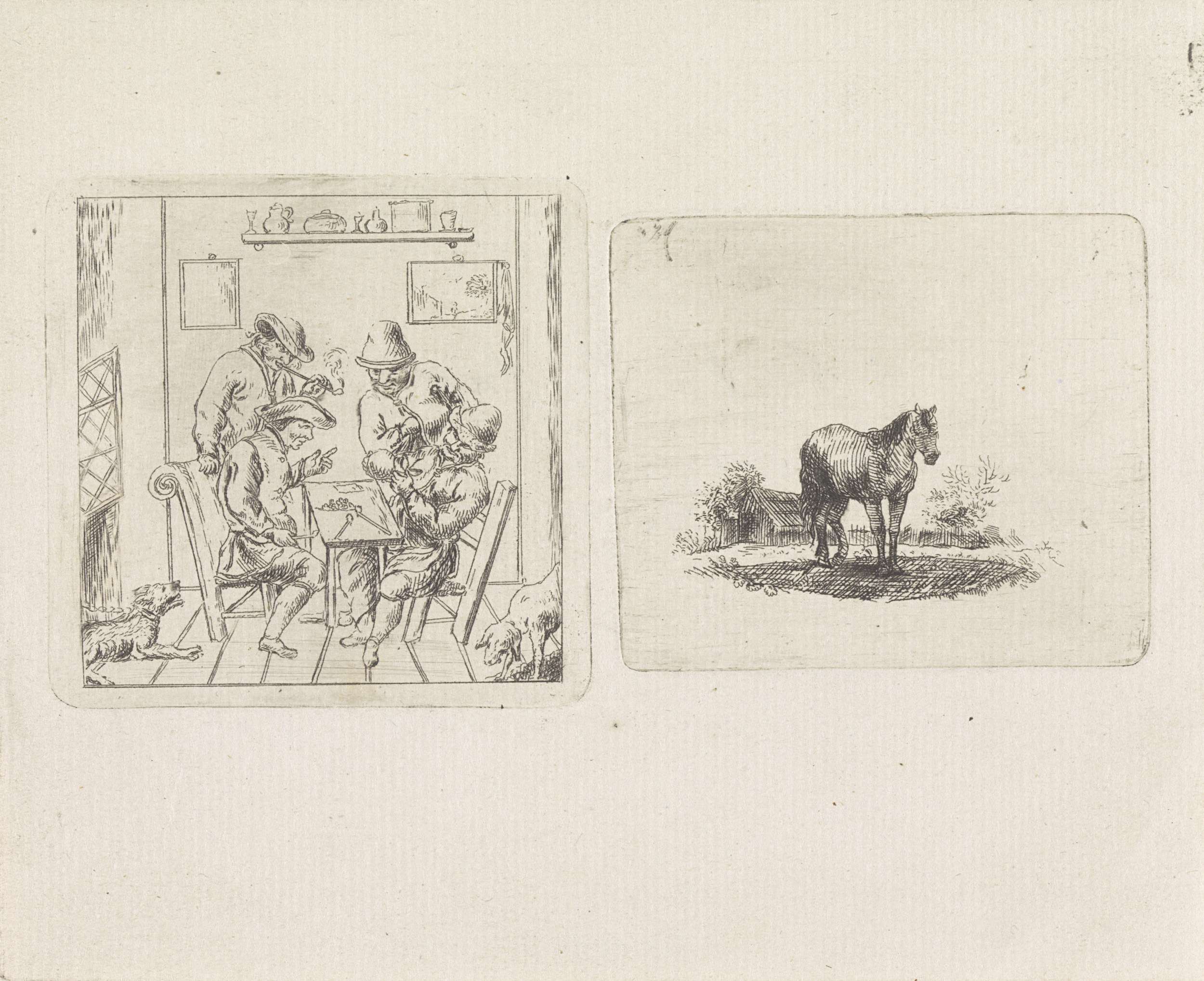 Vier mannen rondom een tafel / Paard in de wei