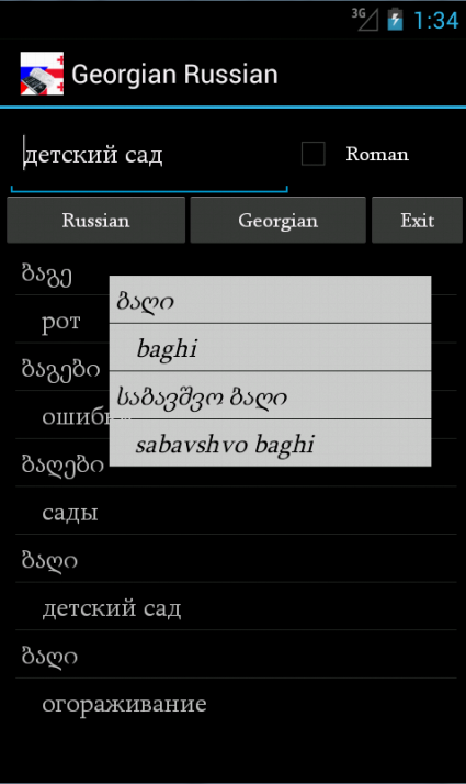 Georgian Russian Dictionary Screen 1