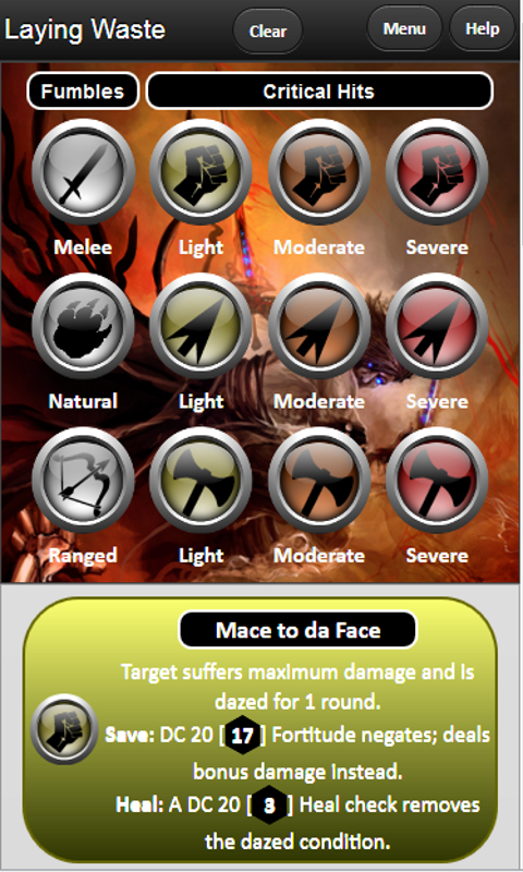 Laying Waste: Critical Hit App Screen 1