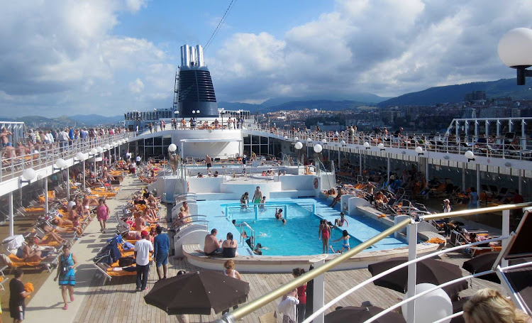 The pool deck during a busy afternoon on MSC Opera.