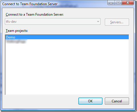 Connect to Team Foundation Server Dialog - Single-Project Select - No Server