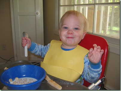 David's first cheerios by himself 5-22 006