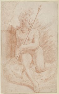 Gehelmd naakt met lans gezeten bij een vaas