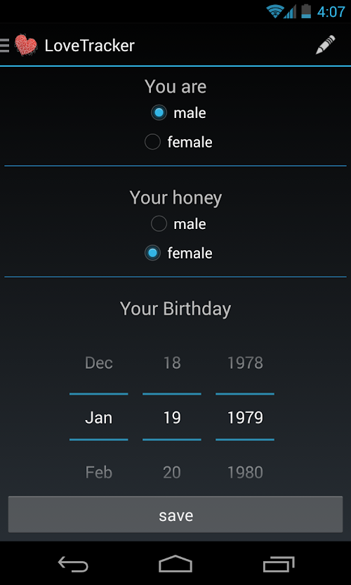 Android application Love Tracker screenshort