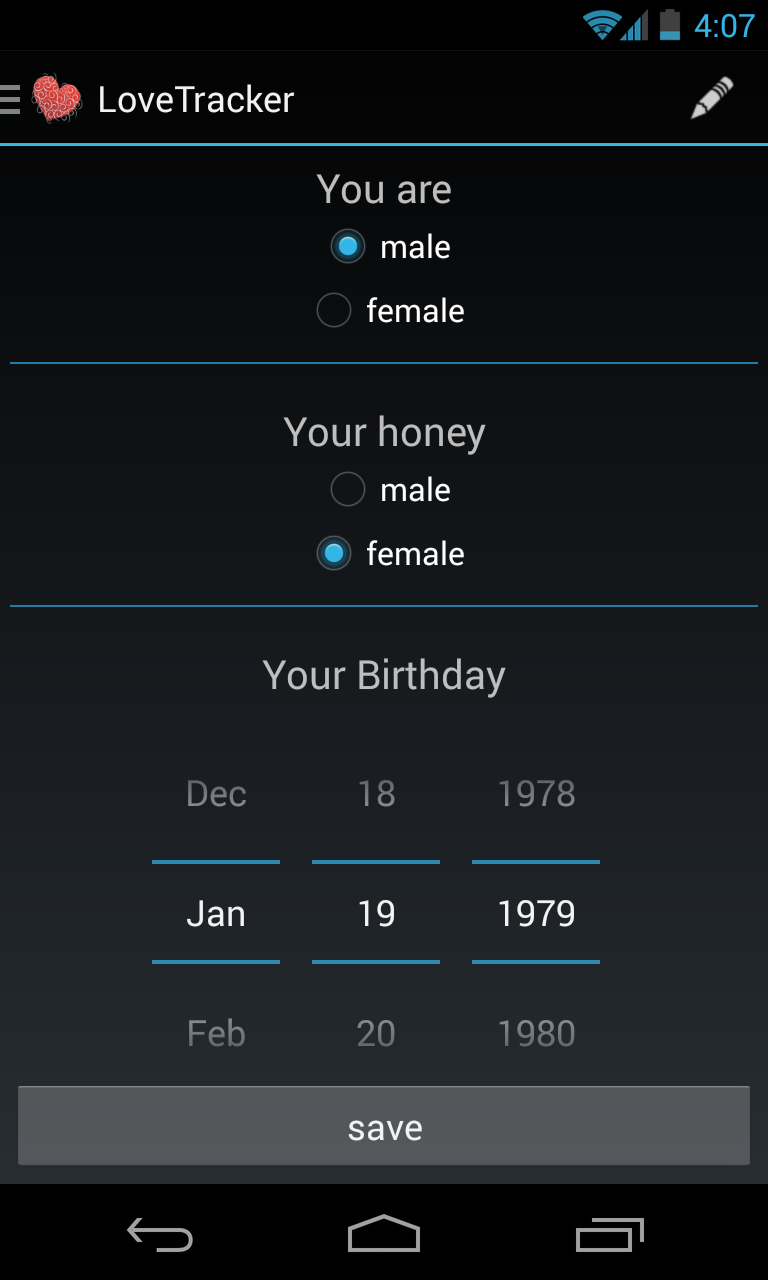Love Tracker Screen 1