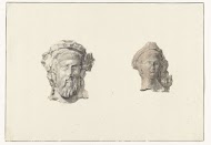 Twee hoofden van beelden van het theater van Tarente opgegraven in aanwezigheid van de kunstenaar