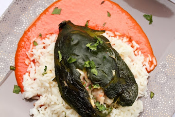 Stuffed Poblano Peppers with Red Pepper Puree