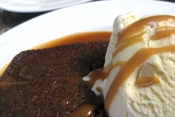 Warm Gingerbread With Pear Ice Cream and Caramel Sauce