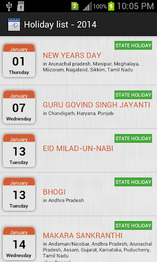 HOLIDAYS LIST INDIA - 2014