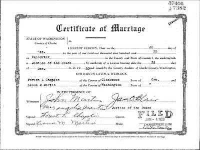 AnceStories: The Stories of My Ancestors: The CHAPLIN - MARTIN Marriage Certificate