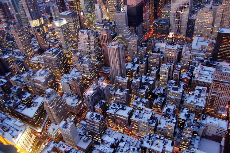 View of midtown Manhattan in winter, shot from the 86th floor observatory of the Empire State Building.
