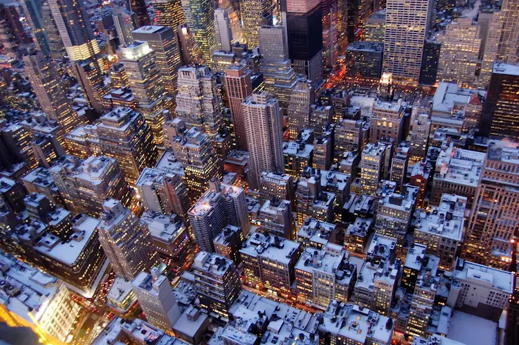 View of midtown Manhattan in winter, shot from the 86th floor observatory of the Empire State Building.