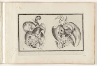 Een mannen- en een vrouwenkop met groteske hoeden en kragen