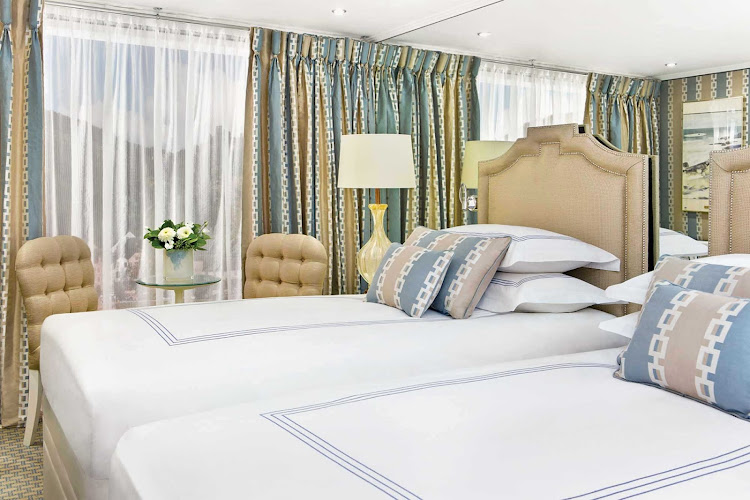 A stateroom in the SS Catherine. Uniworld's accommodations are tastefully designed for maximum comfort during your river cruise.