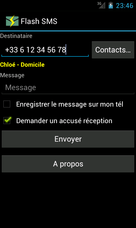 Android application Flash SMS / Class 0 for HTC screenshort