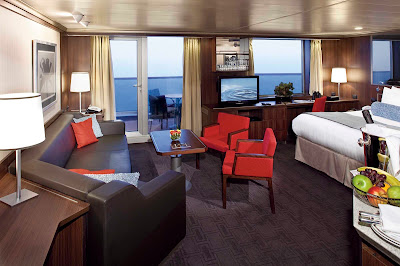 Neptune Suite, also called a Deluxe Veranda Suite, aboard Eurodam gets you 506 to 590 square feet including a private veranda, king bed (or two singles), bathroom with dual sink vanity, full-size whirlpool bath, sitting area with sofa, priority boarding for ports of call, priority dining and seating and special amenities. (Be sure to ask Cruiseable's cruise specialists for details about the small differences between Neptune Suites and Signature Suites.)