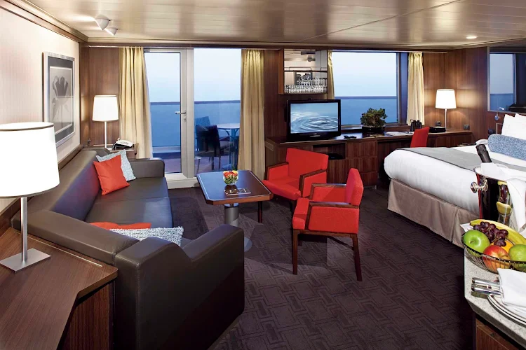 Neptune Suite, also called a Deluxe Veranda Suite, aboard Eurodam gets you 506 to 590 square feet including a private veranda, king bed (or two singles), bathroom with dual sink vanity, full-size whirlpool bath, sitting area with sofa, priority boarding for ports of call, priority dining and seating and special amenities. (Be sure to ask Cruiseable's cruise specialists for details about the small differences between Neptune Suites and Signature Suites.)