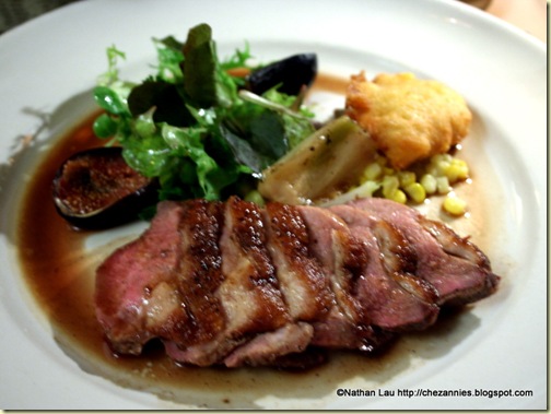 Grilled Sonoma Liberty duck breast with roasted figs and corn fritters @ Chez Panisse