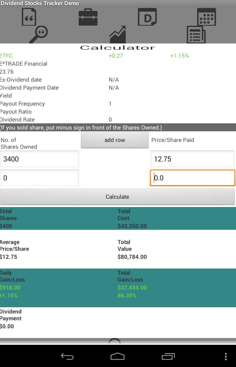 Stocks Dividend Tracker Screen 1