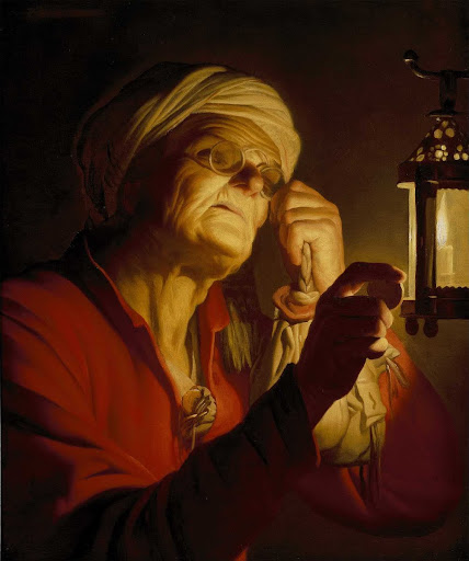 Old woman examining a coin by a lantern (Sight or Avarice)