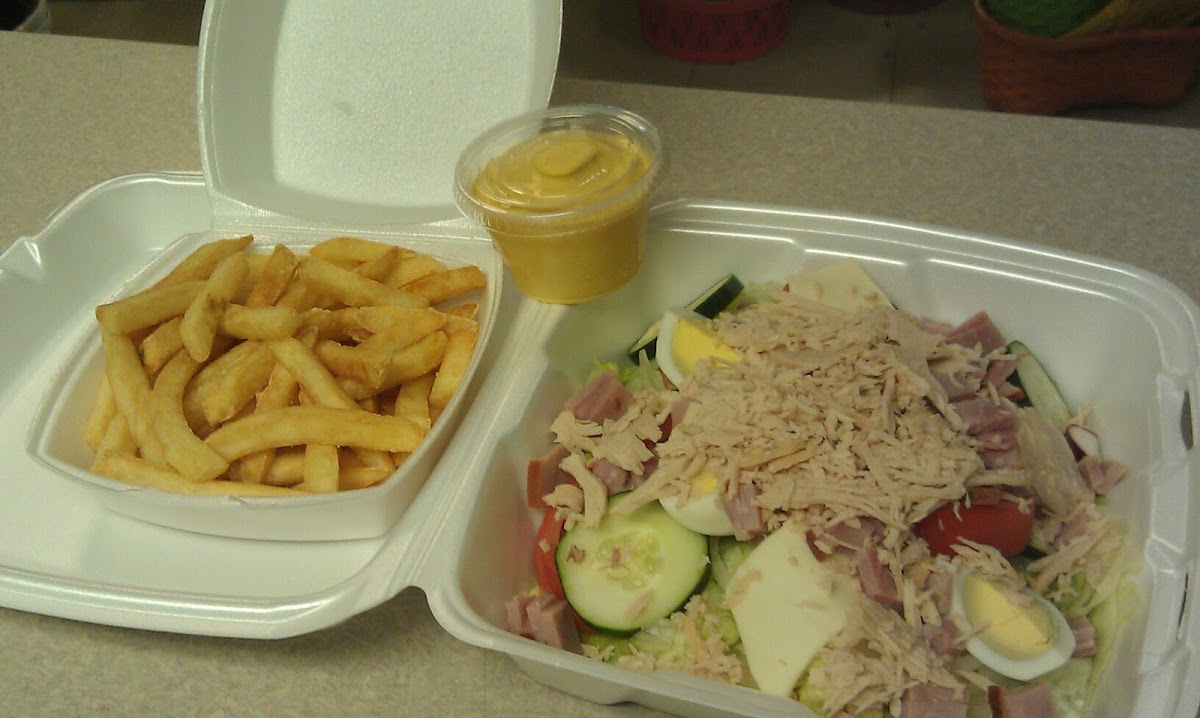 Mmmm. great take out lunch!  GF Fries & Chef's Salad with honey mustard dressing!  thank you!