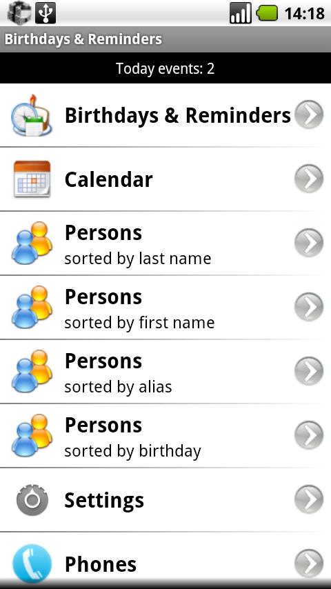 Birthdays &amp; Reminders Screen 1