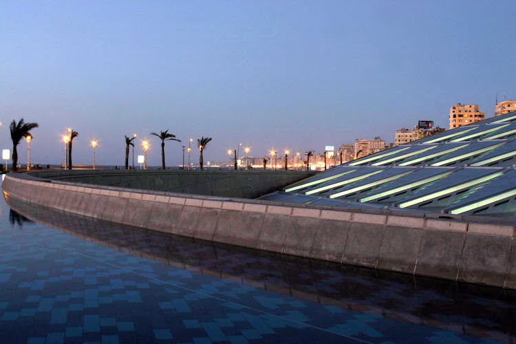 The site of the Library of Alexandria at dusk. Built in the 3rd century BC, it flourished until the Roman conquest of Egypt in 30 BC.
