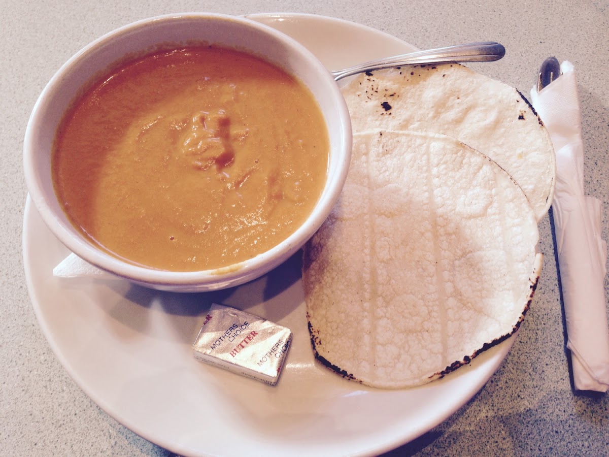 Spicy Curry Carrot Soup with Corn Tortillas (substitute for bread).