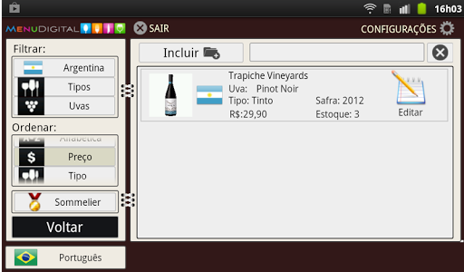 Carta de Vinhos para Tablet