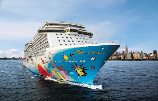 Norwegian-Breakaway-New-York-2 - New York looms as a backdrop to Norwegian Breakaway, whose distinctive artwork was designed by Peter Max.