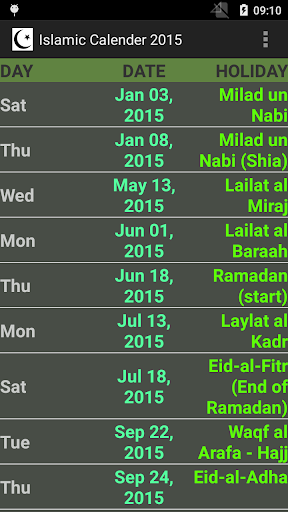 ISLAMIC HOLIDAY CALENDAR 2015