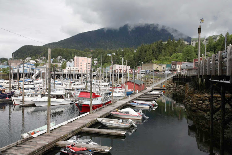 Boats tied to the dock in Ketchikan, Alaska.