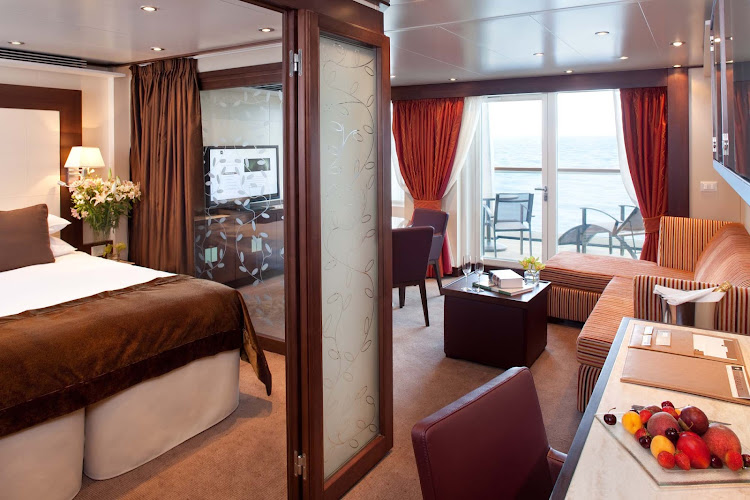 All Penthouse Suites on Seabourn Quest offer a dinning area, private veranda, fully stocked bar, and more.