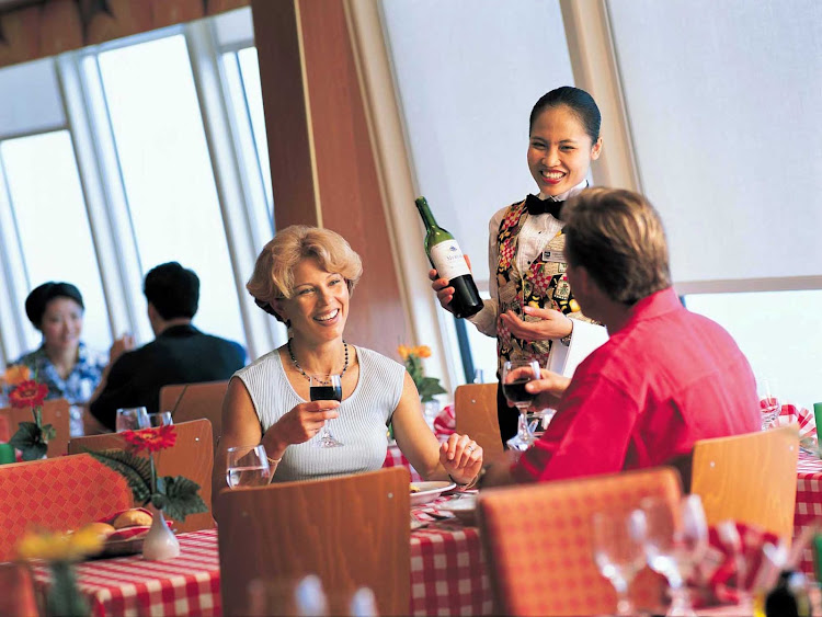  Enjoy pasta, pizza and other traditional fare in La Trattoria, a casual Italian eatery aboard Norwegian Spirit. It seats 72 and the cost is $15 per guest.