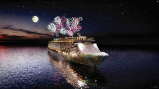 Fireworks light up the sky during a sailing by Norwegian Getaway. (But was the moon really that bright that night?)